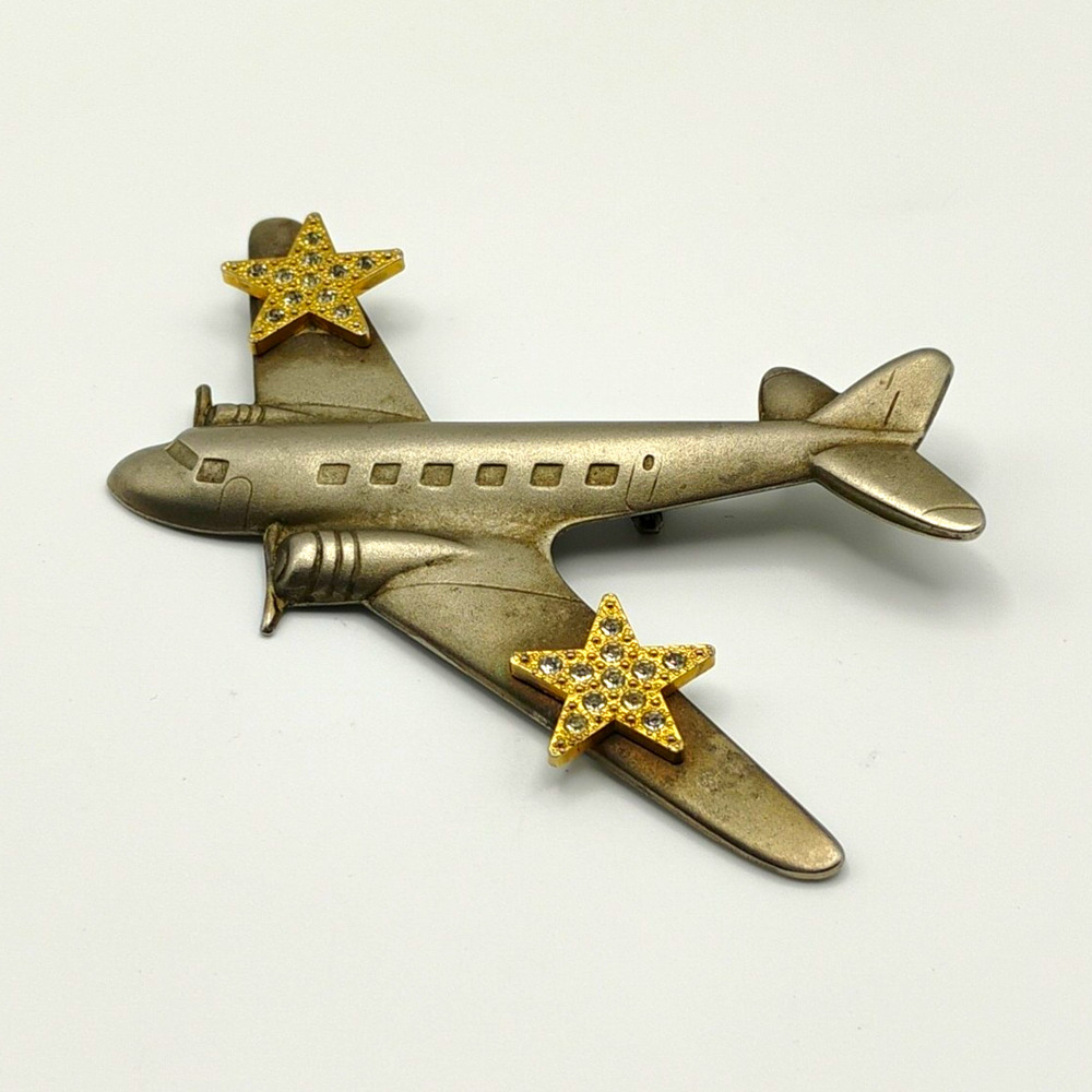 Silver & Gold Tone Airplane Brooch Pin Rhinestone Stars 3 in Travel Theme